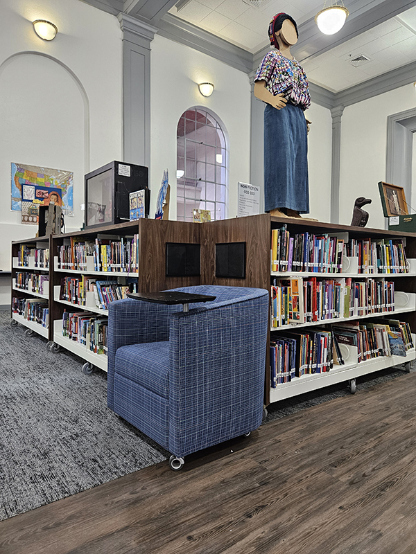 Shelves of books in a school library, with a cozy chair for reading in the center